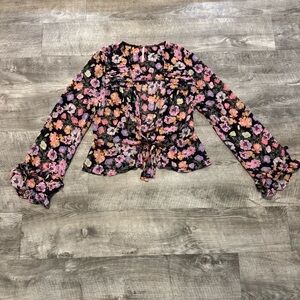 Free People Maybel Black Combo Long Sleeve Cropped Blouse Top Womens Sz. XS